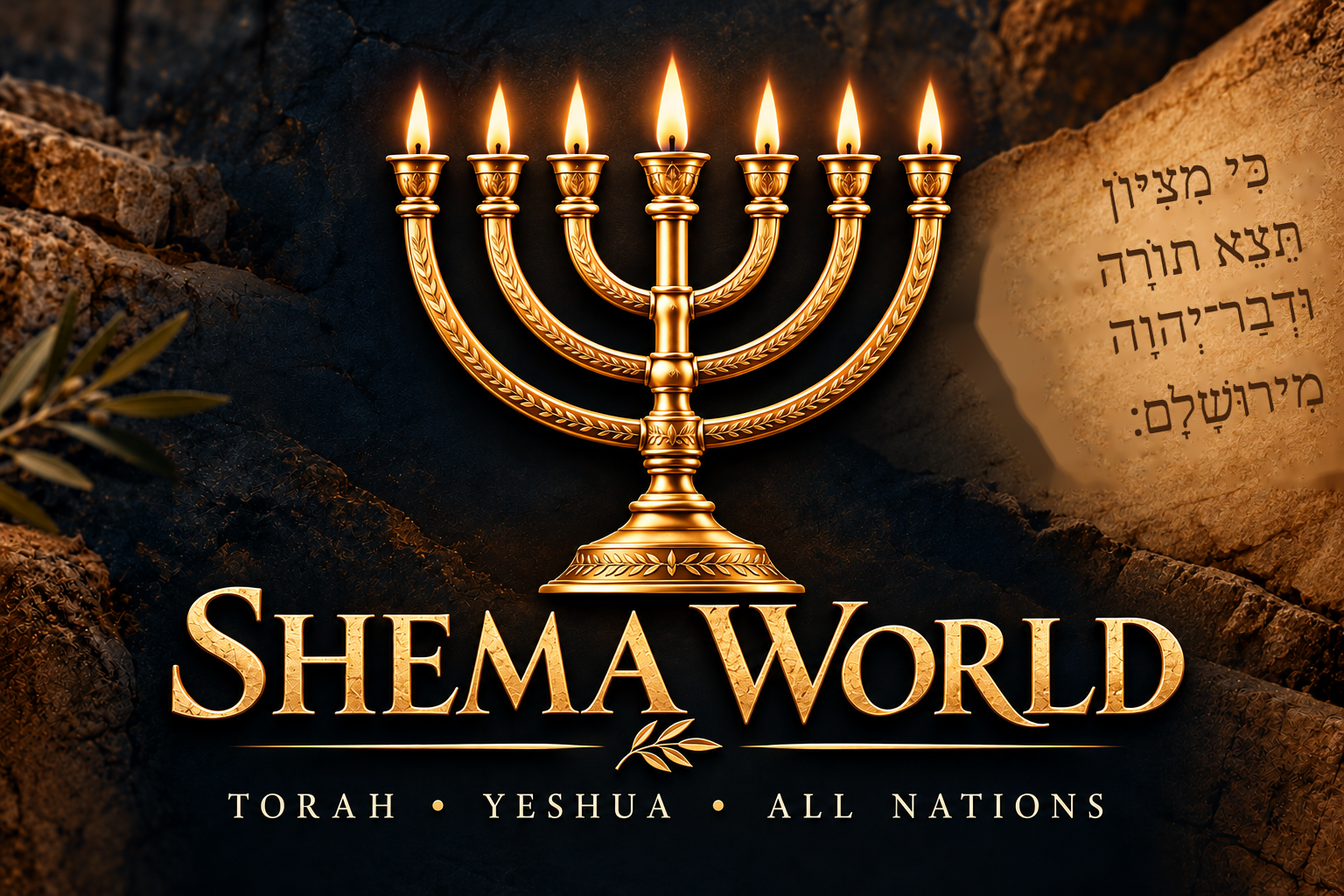 Shema World seven-lamp menorah, with Hebrew Scripture from Isaiah 2:3 on parchment